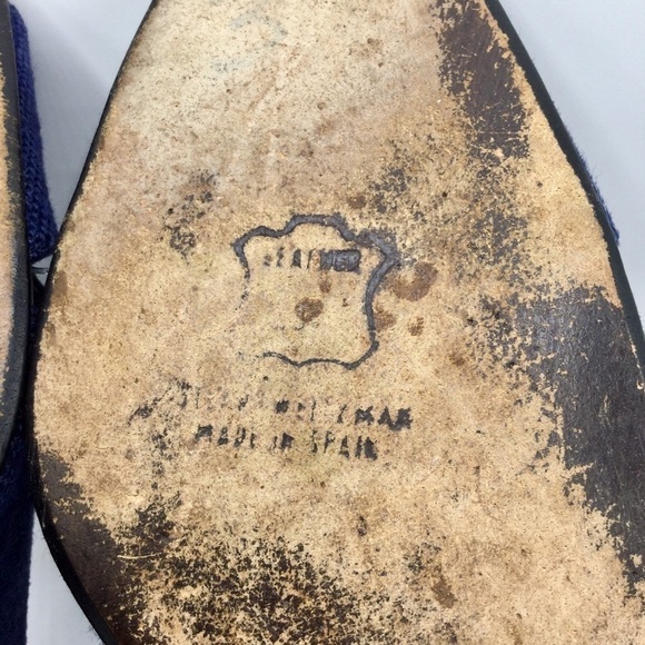 STUART Weitzman Sz 10M Navy Linen Open Toe Pump with Wood 4” Heels - Picture 10 of 13